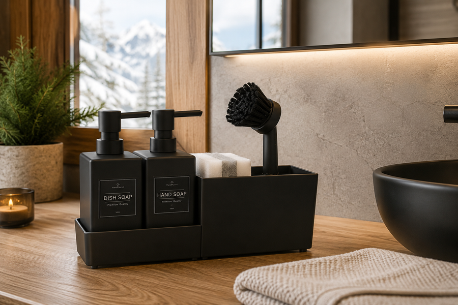Dispenser Sapone Cucina Lavello con Porta Spugna Brush