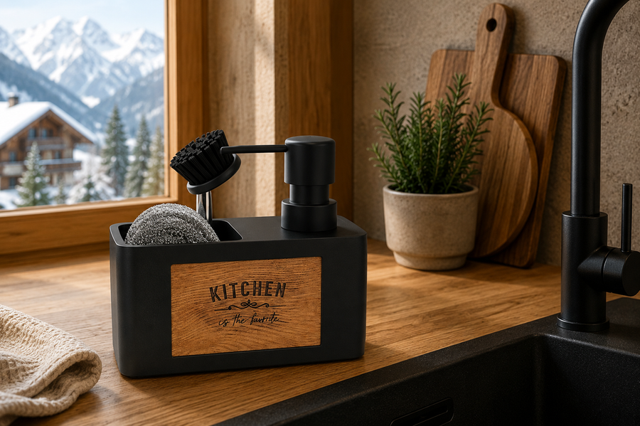 Porta Sapone Cucina Nero con Porta Spugna 