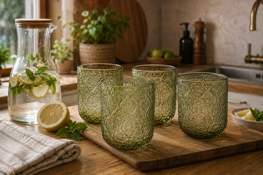 Joeyan 26cl Verde Bicchieri da Acqua in Vetro con Floreale Rilievo